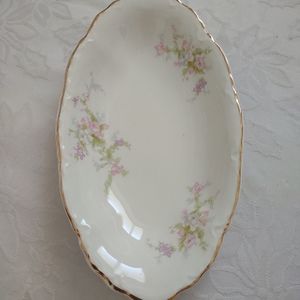 Homer Laughlin pink flowers oval platter gold rim 1945 vintage